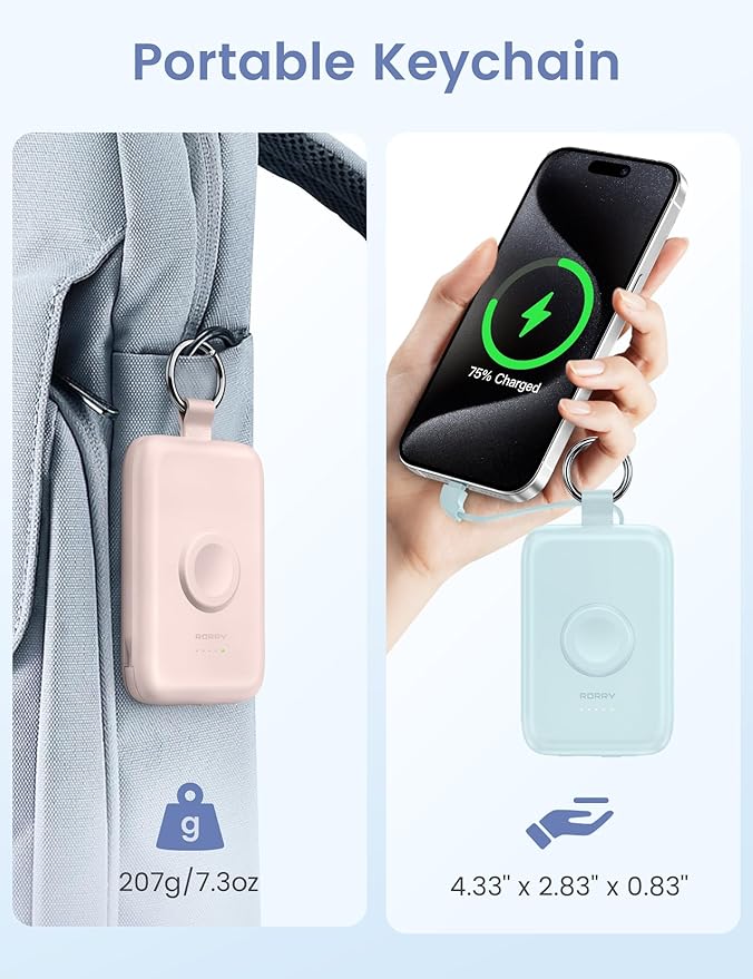 RORRY Portable Charger, 10000mAh PD 20W Fast Charging Portable Charger Power Bank with Built in Cables, Travel Battery Pack for iPhone 17/16/15/14/13/12 and Apple Watch Ultra/11/10/9/8/7/6/5, Pink