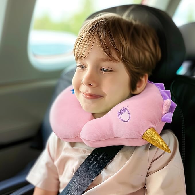 H HOMEWINS Travel Pillow for Kids,Cute Animal Toddler Neck Pillow for Boys Girls,Soft Neck Head Chin Support Pillow,Travel Accessories for Airplane, Car, Train,Recline (Unicorn)