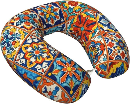 Neck Pillow Memory Foam Chin Cushion with Breathable Cover Talavera Mexican Tiles, Cute Airplane Car Pillows for Office Head Pain Relief