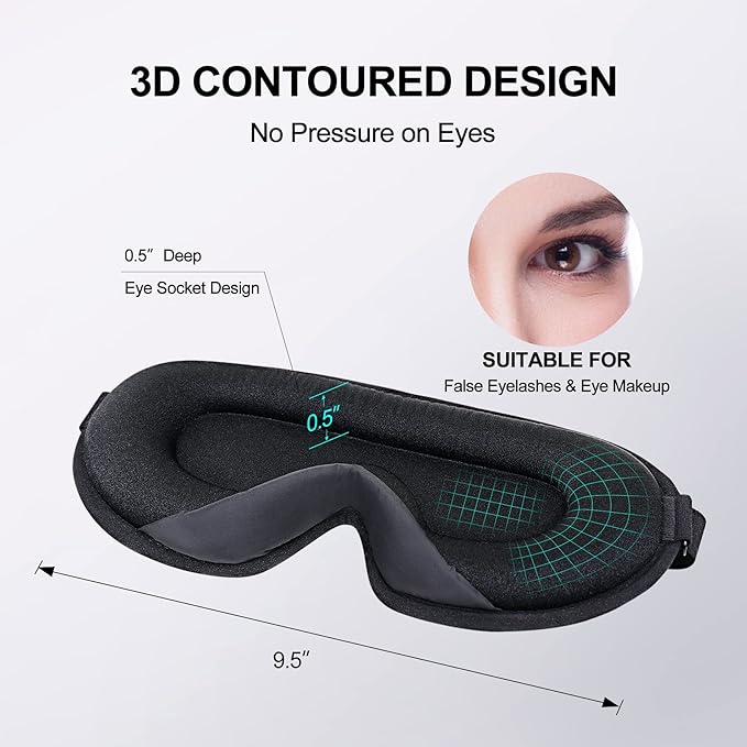 Eye Mask for Sleeping, 3D Contoured Cup Sleep Mask for Men Women, Soft Breathable Blackout Blindfold, Travel Eye Cover, Night Sleeping Mask with Adjustable Buckle for Side Sleeper (Black, 1 Pack)