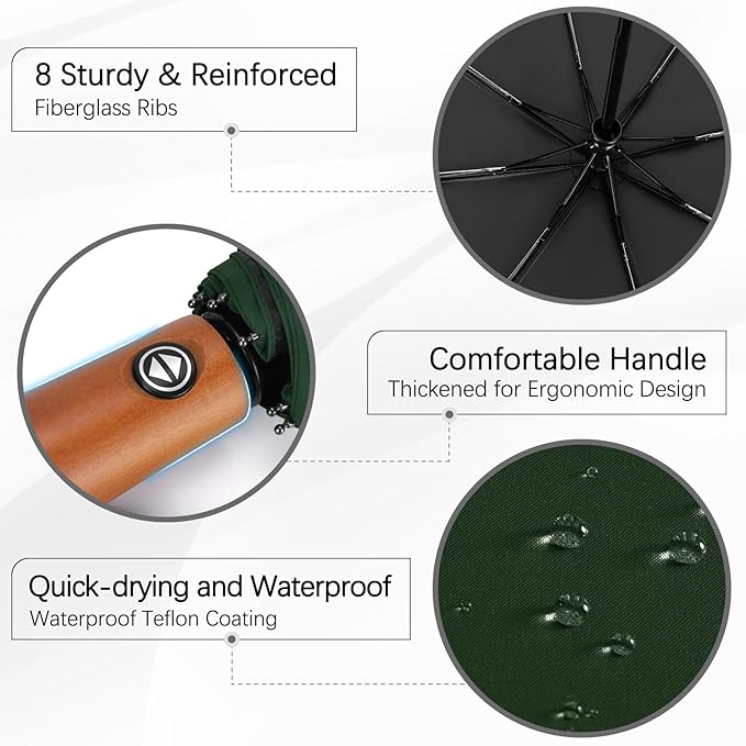 Yoobure Windproof Travel Umbrella with Wood Handle - Automatic Umbrellas for Rain & UV Sun Protection, Compact 46" Large Canopy, Lightweight Backpack Portable for Walking & Outdoor