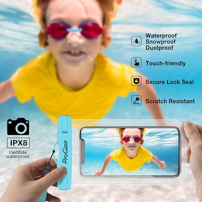 ProCase 2 Pack Waterproof Phone Pouch Case, 7" Universal Underwater Cellphone Dry Bag for iPhone 17 Air 16 15 14 13 Pro Plus Max 12 11, Galaxy S24 S23 S22 Ultra Pixel -Blue/Pink