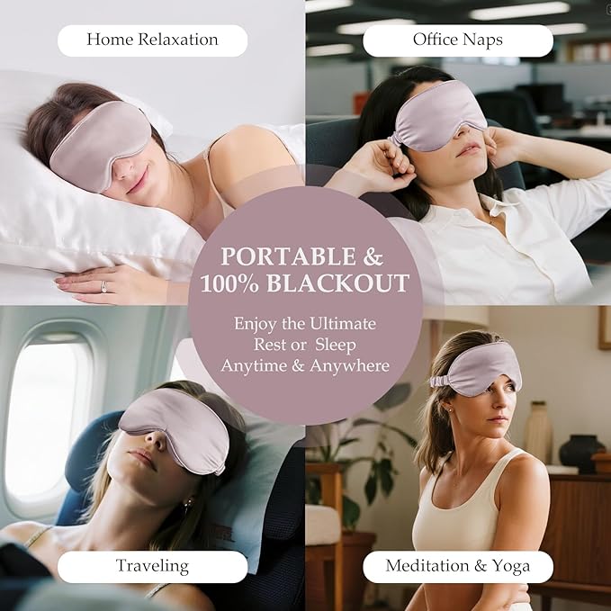 100% 22 Momme Mulberry Silk Sleep Mask with Adjustable Strap, 3D Contoured Cup Silk Eye Mask for Sleeping, Total Black Out, Dusty Purple