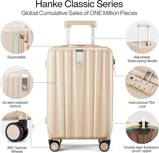 Hanke 20 Inch Expandable Carry on Luggage 22x14x9 Airline Approved Lightweight PC Hard Shell Suitcases with Wheels Travel Luggage Rolling Suitcase Travel Luggage Bag for Weekender(Cuba Sand Pink)