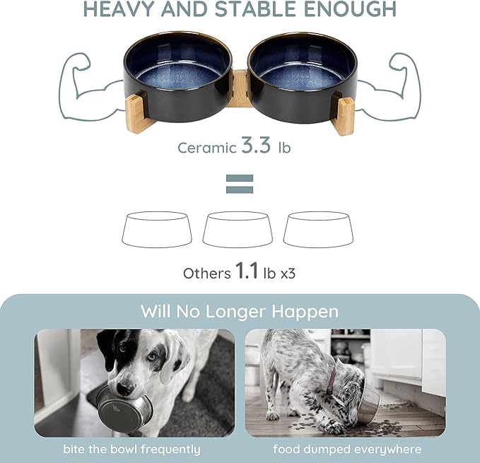 SPUNKYJUNKY Ceramic Dog and Cat Bowl Set with Wooden Stand, Modern Cute Weighted Food Water Set for Small Size Dogs (13.5OZ) & Medium Sized Dogs (28.7OZ) & Cats (1.7 Cups, 2 × Starry Blue)