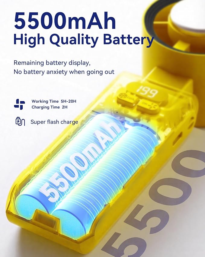 2 Pack Handheld Portable Turbo Fan with Ice Cooler, Speed (1-199) 5500mAh*2 Rechargeable Personal Fan,[20H Cooling Time] Mini Yet Powerful, Small Pocket Fans for Travel/Outdoor/Office, Yellow