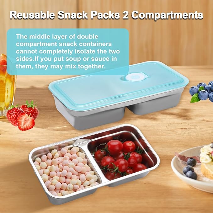 1PCS Stainless Steel Double-Layer Snack Container with Lid Leak-proof design, dishwasher safe Ideal for snacks, dips, takeout, travel, and outdoor camping (2 Compartment)