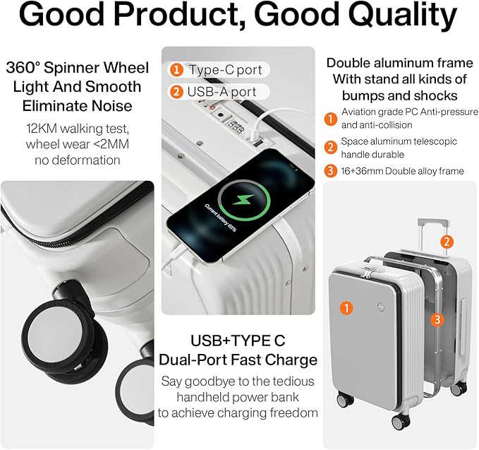 mixi Large Checked Luggage with Cup Phone Holder and Charger Hard Shell Suitcases with Spinner Wheels, 26 Inch Smoke White