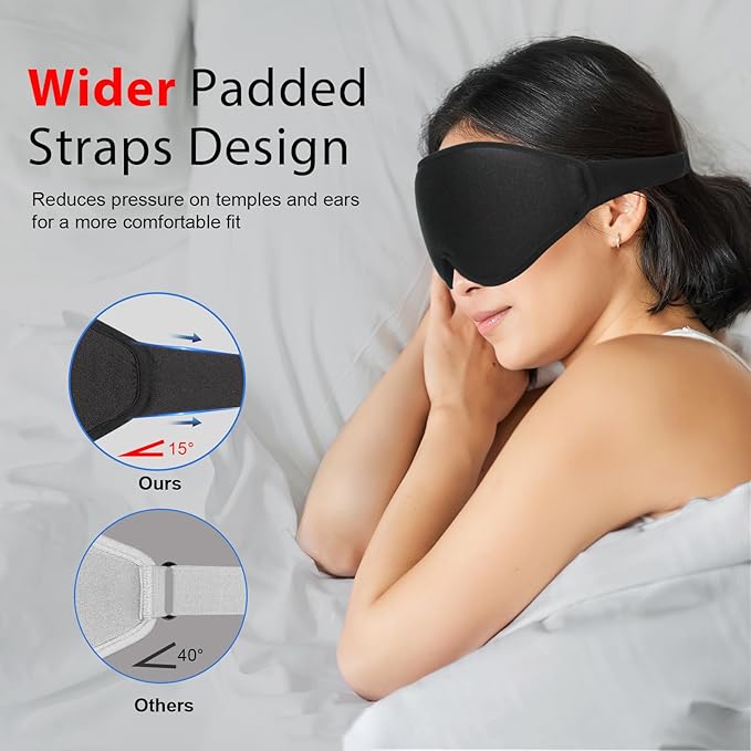 3D Sleep Mask with Earplugs, 100% Light Blackout Eye Mask for Sleep, Washable Sleeping Mask, 0 Pressure Eye Covers for Sleep with Wider Adjustable Strap, Only 1.3oz Light Soft Sleeping Mask (Black)