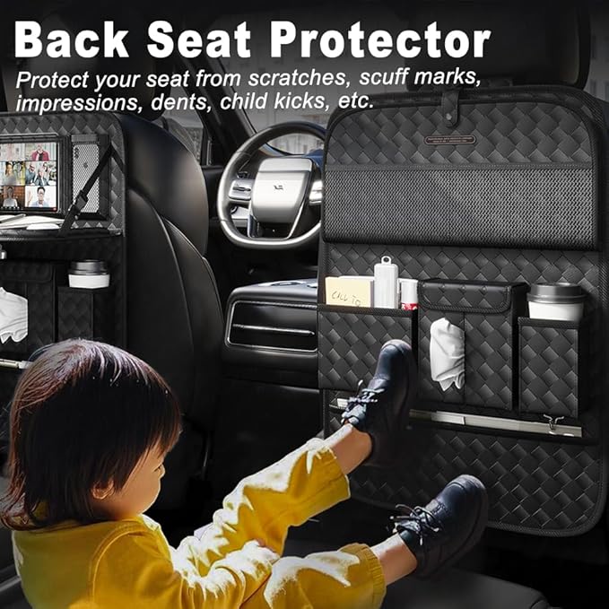 Car Seat Organizers,Multi-functional Back Seat Protectors, Storage Pouches, and Tray Holders (for Cars, Kids, Seat Back and Rear Seats) (Woven Black, 1 Pcs)