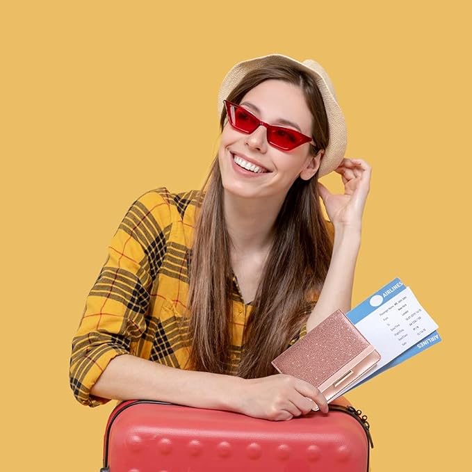 Caweet Passport Holder and Vaccine Card Holder Combo RFID Blocking Leather Vaccination Card Wallet with Elastic Band Closure, Glitter Rose Gold