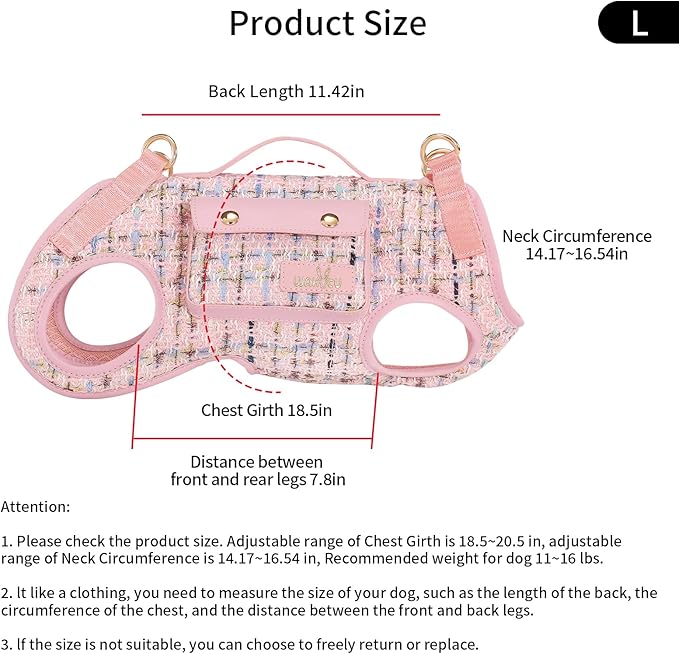 Wakytu Dog Lift Harness Dog Carrier Dog VES Harness Adjustable Dog Leash with Small Puppy Treat Bag（Pink,L）