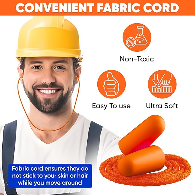 Foam Corded Ear Plugs 100 Pair - 32dB Noise Cancelling Shooting Hearing Protection for Noise Reduction Construction Work Safety Mowing Industrial - Disposable Ear Plugs with Cord Bulk