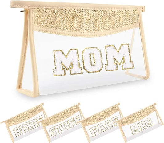 Small Boho Straw Clear Mom Makeup Bags for Women&Girls, Zipper Cosmetic Bag Chenille Varsity Letter Patch Bag, Preppy Cute Toiletry Pouch, Trendy Organizer Storage Bag for Beach Travel Essentials