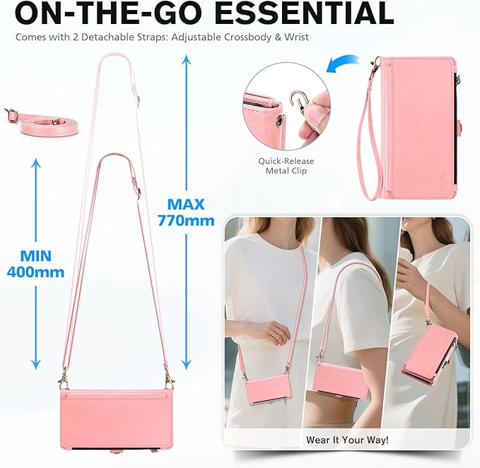 TUCCH Detachable Crossbody Wallet Case for iPhone 17 Pro 6.3", 9 Card Slots RFID Blocking | Stand | Lanyard Wrist Strap | Wireless Charging | Zipper Pocket | PU Leather Magnetic Flip Cover | Rose Gold