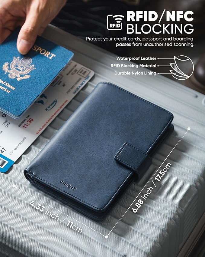 VULKIT Passport Holder with Airtag Holder RFID Blocking Passport Wallet Travel Leather Passport for Women(Navy)