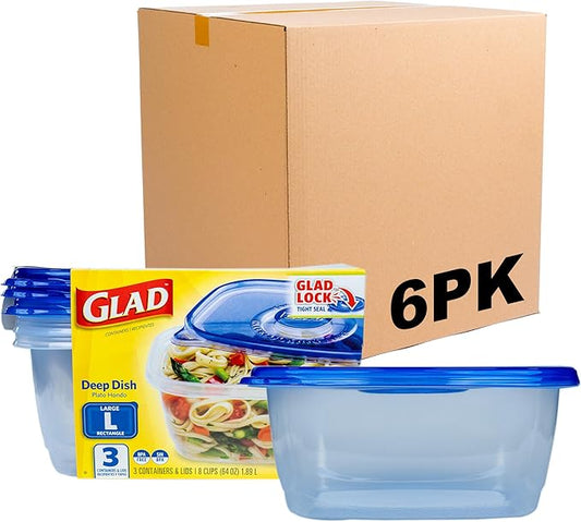 Glad GladWare Deep Dish Food Storage Containers, Large Rectangle - Meal Container Holds up to 64 Ounces of Food - Lock Tight Seal, 3 Count - 6 Pack