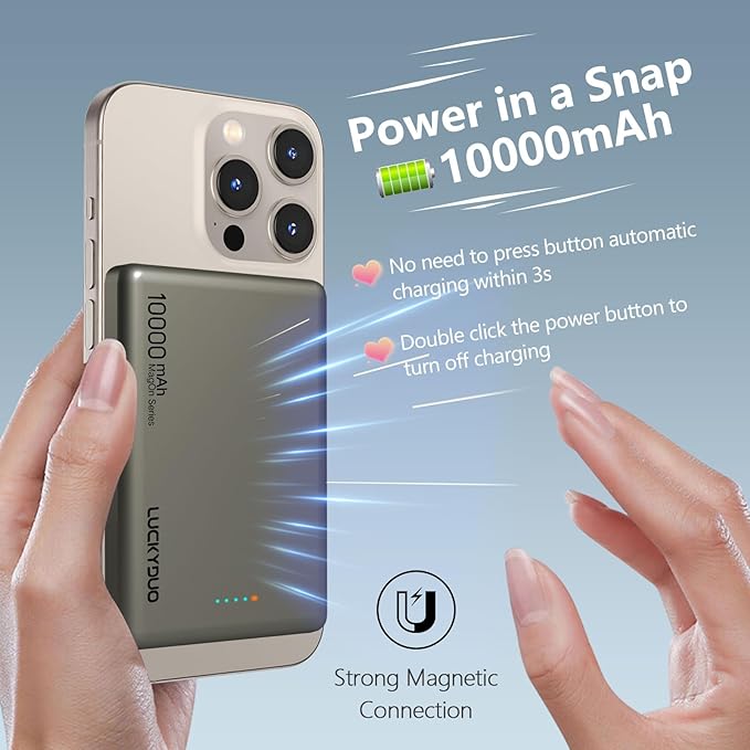 LUCKYDUO Ultra Slim 10000mAh for Magnetic Portable Charger,0.47IN Thin Wireless Magnetic Power Bank, Compact Battery Pack with PD 20W Two Way USB-C Charging,Compatible with iPhone 16/15/14/13 Series