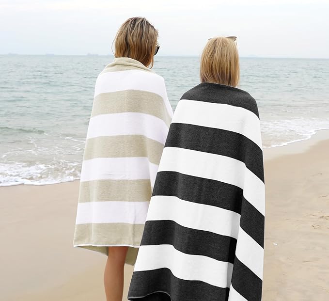 CLOWOOD Plush Oversized Beach Towel - Cotton 40 x 70 Inch Large Thick Chiffon Striped Cabana Pool Swimming Towel