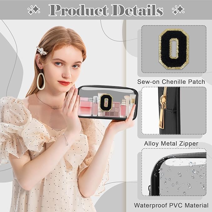 Personalized Initial Letter Clear Makeup Bag,Preppy Small Nylon&PVC Cosmetic Zipper Bag with Chenille Letter,Travel Skincare Toiletry Bag,Monogram Christmas Gift for Teen Girls Women,O
