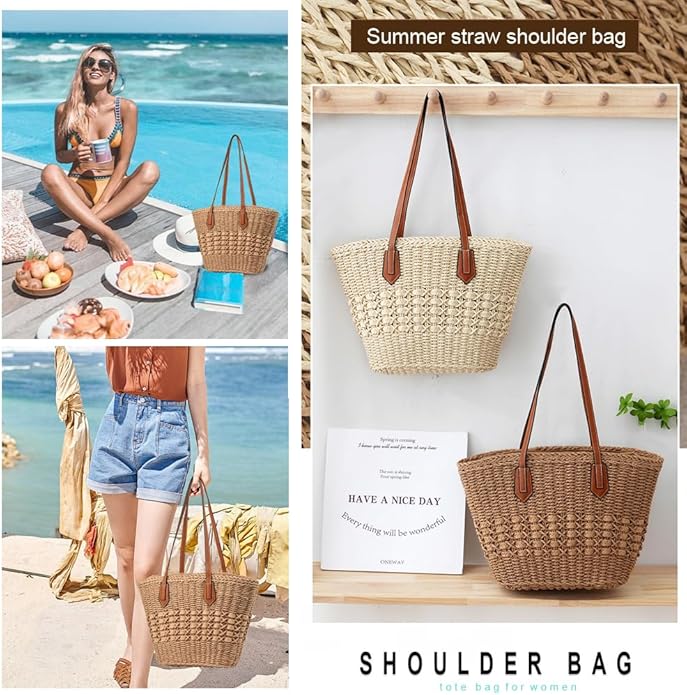 Straw Beach Bags for Women Woven Beach Tote Bag Casual Boho Large Shoulder Handbags Purse for Vacation Holiday