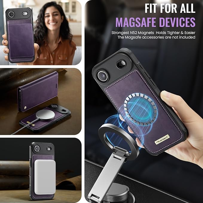 PlusnapX Wallet Case for iPhone Air Compatible with Magsafe, 2-in-1 PU Leather Flip RFID Blocking Card Holder Stand ShockAirof Magnetic Detachable Cover for iPhone 17 Air Case 6.5", Retro Purple