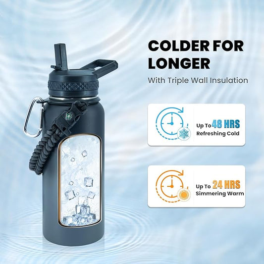 Insulated Water Bottle 32 oz, Triple Wall Vacuum Stainless Steel (Cold for 48 Hrs), Leak Proof & Non-BPA, Modern Water Flask Jug with Paracord Handle & Straw Spout Lids, Dark Grey