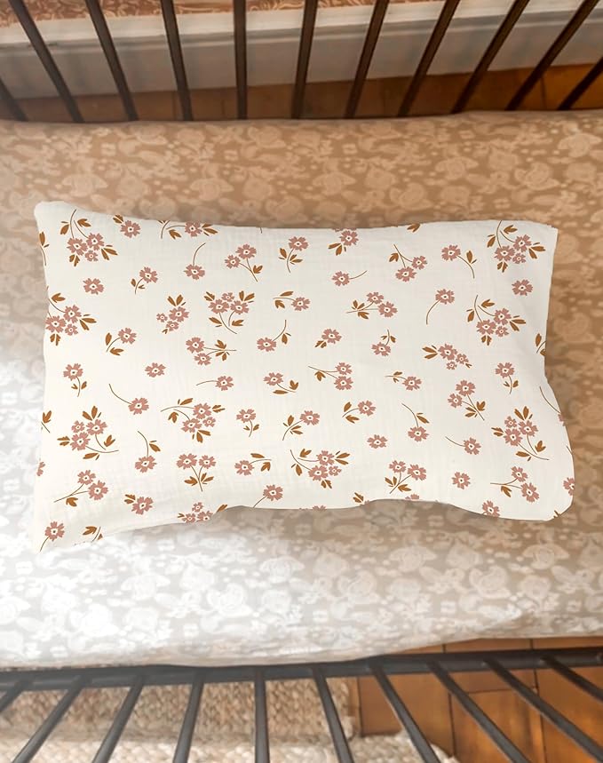 Toddler Pillowcases for 13"x18" Pillow 2 Pack, Muslin Small Toddler Baby Kids Travel Pillow Covers for Boys Girls with Envelope Closure (Flower E & Pink, 13 x 18 Inch)