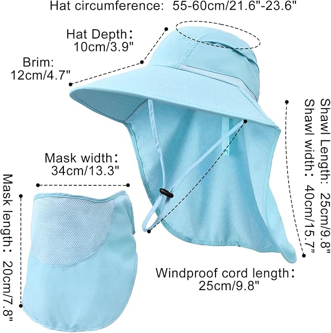 Sun Hats for Men Women Detachable Face Cover Wide Brim Fishing Hats with Neck Flap UPF 50+ Outdoor Safari Hats