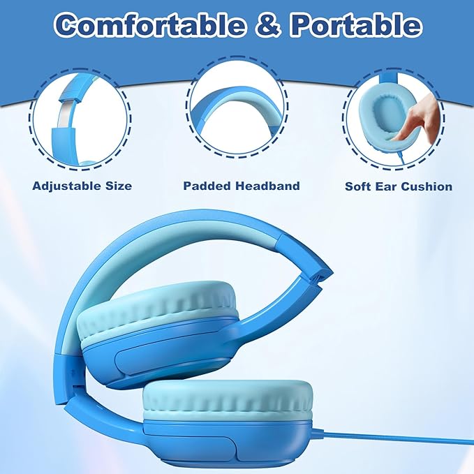 Kids Headphones with Cord & Mic for School Class Airplane Travel, 85/94dB Volume Limit Over Ear Earphones for Boys Girls Teens, Wired Foldable Headset for iPad Tablet Kindle Laptop PC Blue