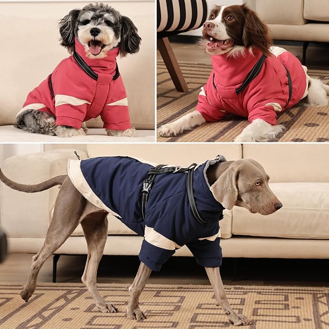 MIGOHI Rainproof Dog Winter Jacket with Harness,XXL Large Fleece Dog Coat with Sleeves,Adjustable Pet Puffer Jacket Snowsuit Cold Weather Coats for Golden Labrador Retriever,XXL,NavyBlue