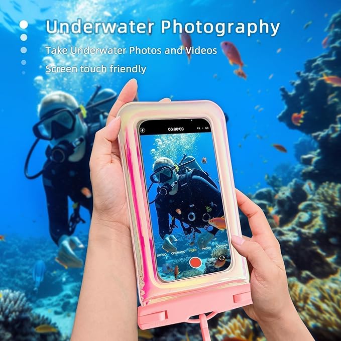 Floatable Waterproof Phone Pouch Case 2 Pax for iPhone 17 16 Pro Max/15/14/13/12, IP68 Travel Cellphone Dry Bag Beach Cruise Ship Essentials Bags with Crossbody Lanyard, Iridescent Pink and Blue-7″