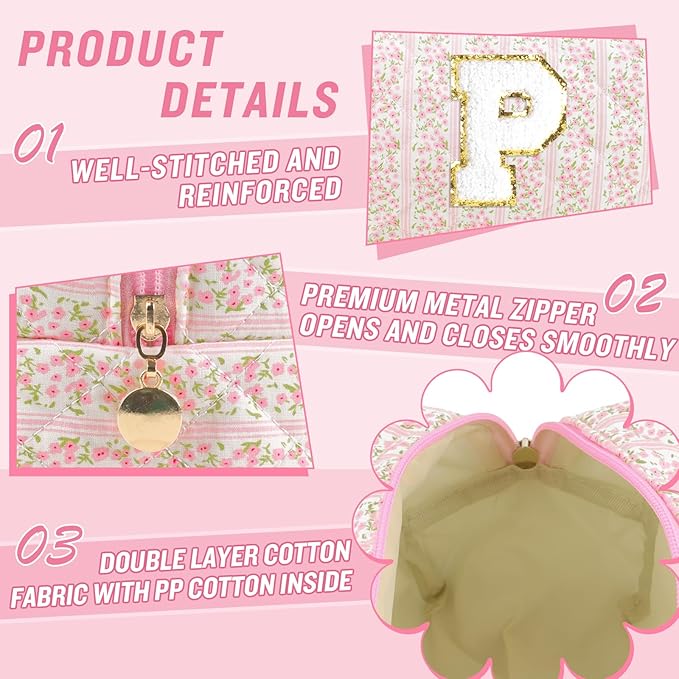 Personalized Quilted Cosmetic Bag, Puffy Monogrammed Christmas Birthday Gifts for Women & Girls, Cute initial Floral Makeup Bag Puffer Coquette Bag, Aesthetic Travel Toiletry Zipper Pouch(Pink,P)