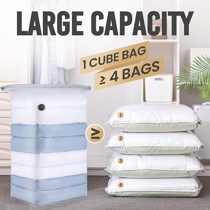8 Medium Vacuum Storage Seal Bags, Space Saver Bags with Travel Hand Pump, Compression Airtight Sealer Bags for Clothes, Bedding, Pillows, Comforters, Blankets