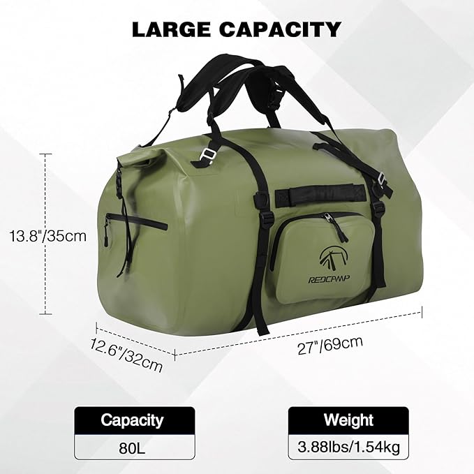 REDCAMP 80L Large Waterproof Duffel Bag, Rolltop Dry Backpack Duffle Bags with Quick-fixed Straps for Camping Motorcycle Boating Rafting Kayaking Paddle boarding, 80L Army Green