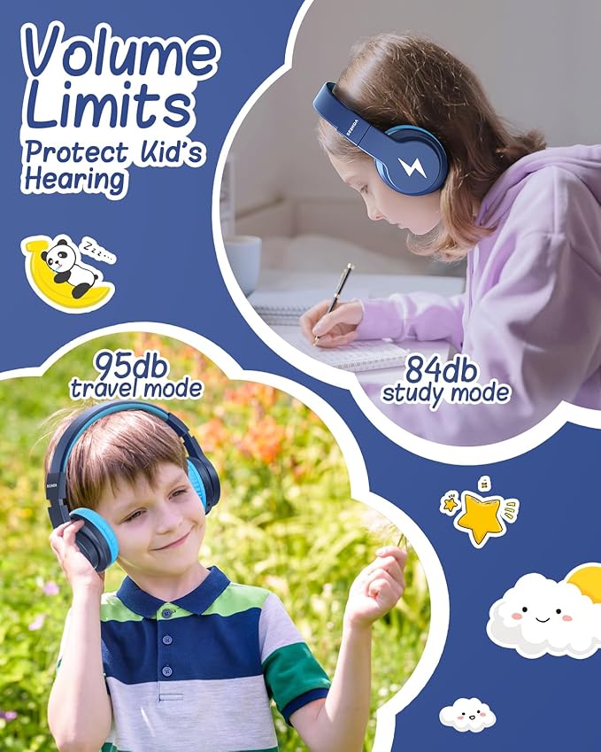 seenda Kids Bluetooth Headphones, JCH-01 Kids Wireless Headphones for School, 85/94dB Volume Limited, 45H Playtime, 3 Lighting Modes, Built-in Mic Headset with Aux Cord for iPad/Tablet, Dark Blue