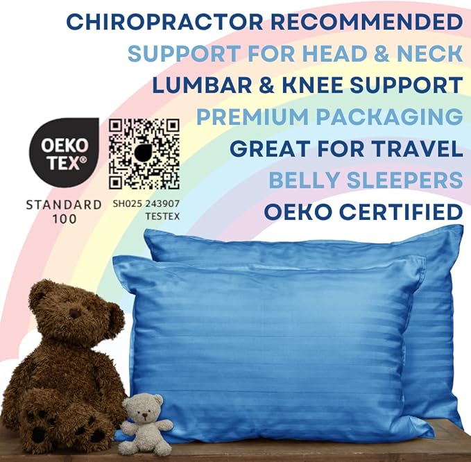 kinder Fluff Children Pillow (2-Pack) 13x18in– The Only 300TC Soft Cotton Pillow with Down Alternative Fill – Hypoallergenic, Machine Washable & Perfect for Kids 2+ Years- Blue- S