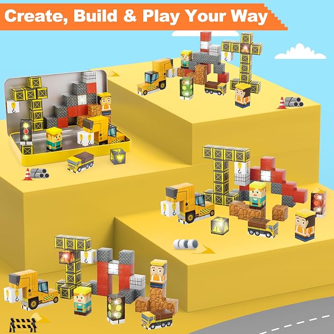 Aywewii Travel Magnetic Blocks 45 PCS Travel Games for Kids Ages 3-5, Magnet Building Cubes STEM Learning Set with Iron Case - Portable Building Toys for Boys and Girls (Construction Edition 1)