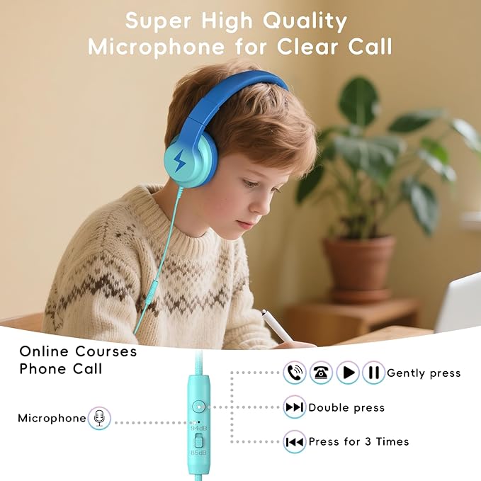 Kids Headphones, Wired Headphones for Kids with Microphone, 85/94dB Volume Limiter Headphone for Girls Boys, Foldable Headphone for Online Study, Gradient Blue