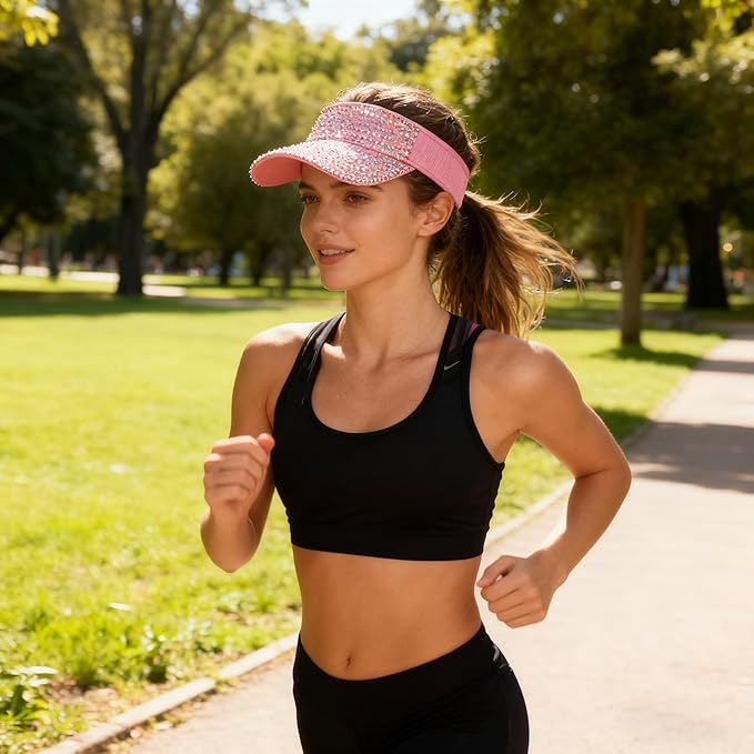 Bling Shiny Rhinestone Sports Sun Visor Hat for Women Summer Adjustable Breathable Beach Visor Caps Running Golf Sun Hat