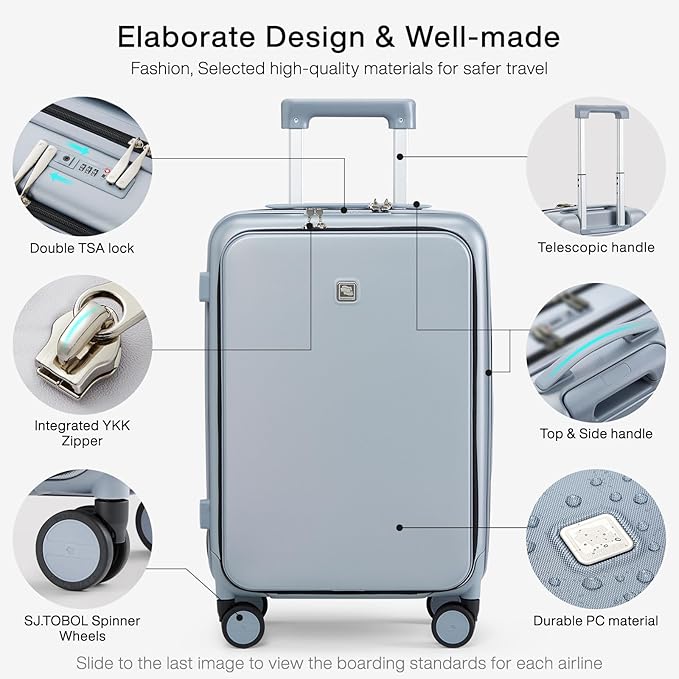 Hanke Grace Carry On Luggage with Wheels Airline Approved Hard Shell Suitcases with Front Pocket，Top Opening Luggage with TSA Lock for Short Business Travel， Grey.