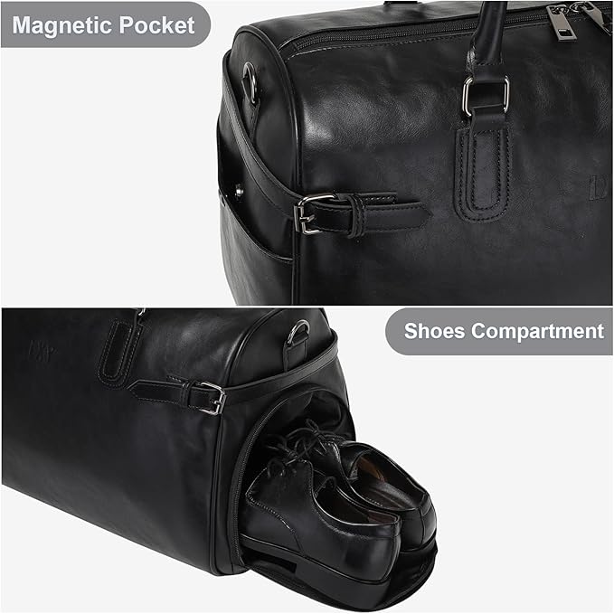 Vegan Leather Duffle Bag, LXY Travel Duffle Weekender Bag with Shoe Compartment, Duffel Overnight Gym Bags for Women Men Black