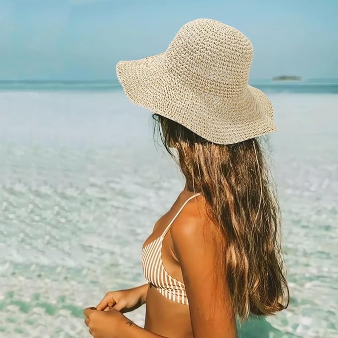 Floppy Big Beach Straw Hats for Women Foldable Summer Wide Brim Packable Sun Hat Womens Travel Straw Fedora Hat