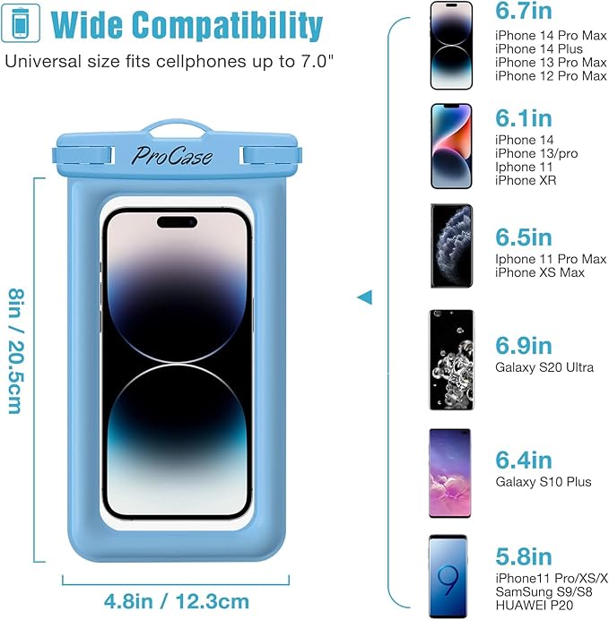 2 Pack ProCase Floating Waterproof Phone Pouch Up to 7", IPX8 Floatable Underwater Phone Case Dry Bag for iPhone 17/Air 16 15 14 13 12 11 Pro Max Xs Max XR X 8 7 Plus SE/Galaxy S24 S23 S22 - BlueGreen