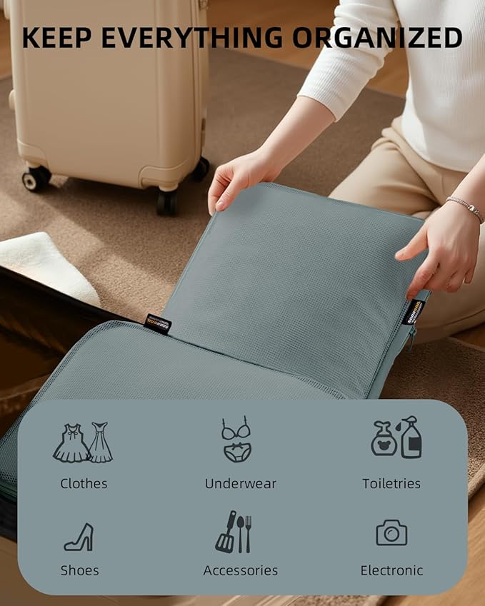 6 Set Compression Packing Cubes for Travel, Large Medium Small Luggage Organizers, Storage Bags for Clothes (6 Pack, Steel Blue)