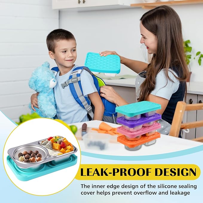 LVQVEV 4 Pack Stainless Steel Snack Containers, 2 Compartment Snack Container with Silicone Lids, Easy Open Leak Proof Reusable Metal Toddler Snack Containers for Daycare (Orange, pink, purple, blue)