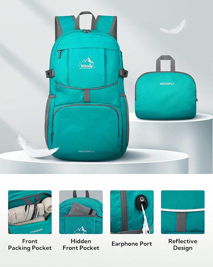 WATERFLY Hiking Packable Daypack Backpack: 35L Ultra Lightweight Day Pack for Woman Man - Large Compact Folding Back Pack for Outdoor Sport Cycling Camping Travel Trip - Turquoise