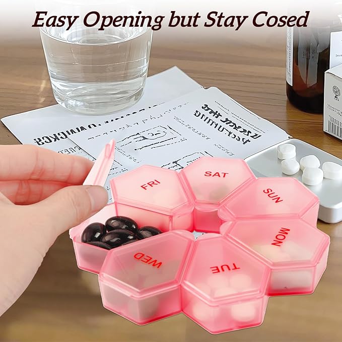 7-Day Weekly Pill Organizer and Daily Vitamin Case - Pill Box for Medication Management (Pinkish-red)
