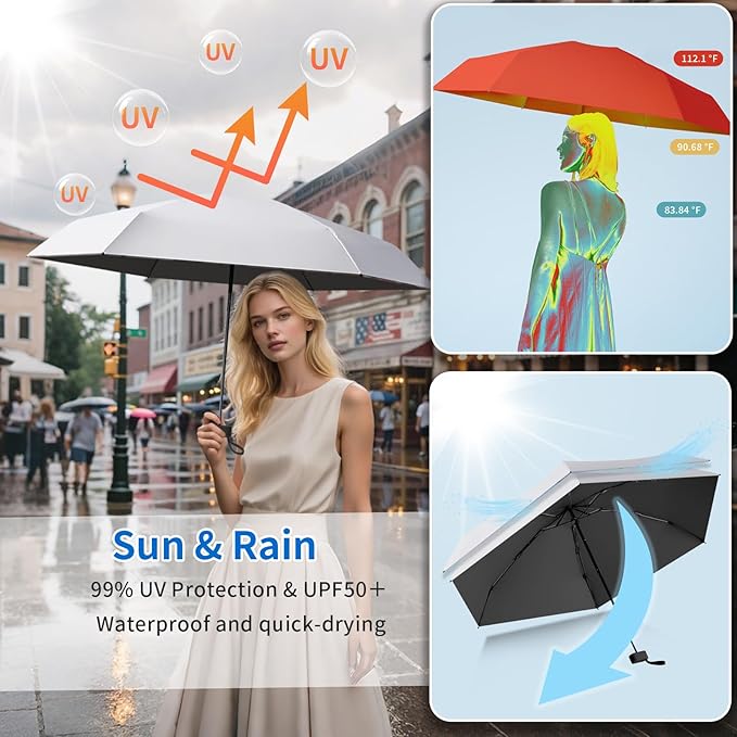 Compact Mini Windproof Travel Umbrella-UPF 50+ Sun & Rain Protection, Small Folding Design Fits in Pocket or Purse, Lightweight Portable with Case for Women, Men & Kids