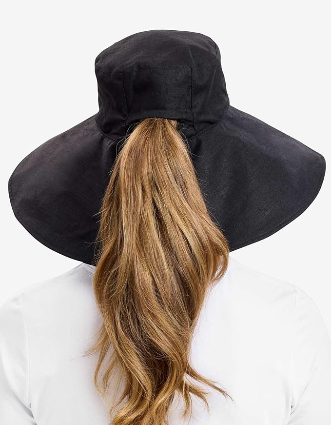 Solbari Women’s Ultra-Wide Cotton Linen Sun Hat UPF 50+, Packable, Adjustable with Ponytail Hole for Travel, Beach & Outdoors